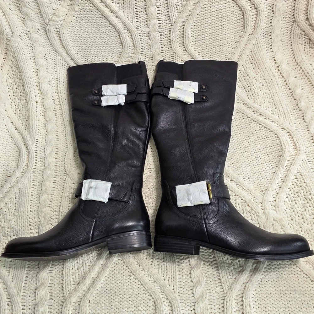 Naturalizer Knee High Riding Boots‎ Black Pebbled Leather Buckle Womens 6.5M NEW
